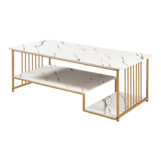 Mesa de centro Klibro 120x60x42 cm com aspeto de mármore, BrancoDourado en.casa