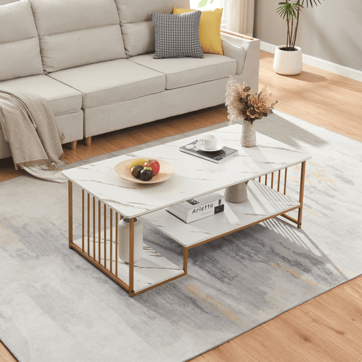 Mesa de centro Klibro 120x60x42 cm com aspeto de mármore, BrancoDourado en.casa