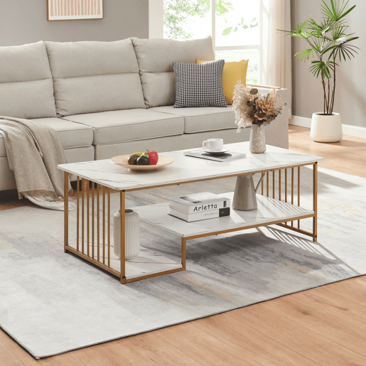 Mesa de centro Klibro 120x60x42 cm com aspeto de mármore, BrancoDourado en.casa
