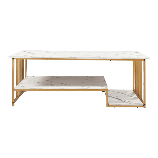 Mesa de centro Klibro 120x60x42 cm com aspeto de mármore, BrancoDourado en.casa