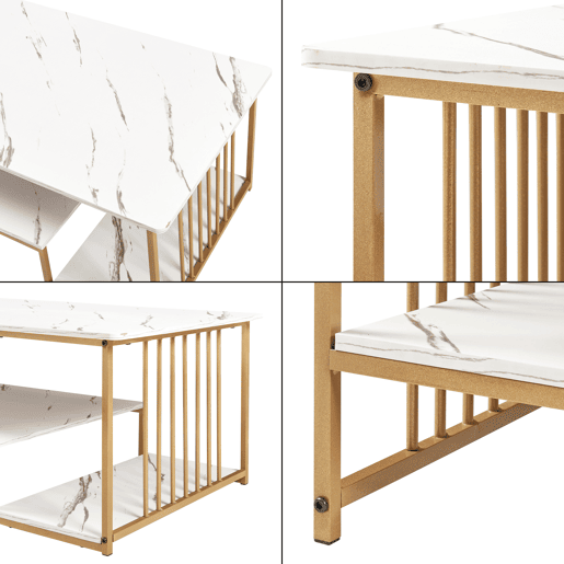 Mesa de centro Klibro 120x60x42 cm com aspeto de mármore, BrancoDourado en.casa
