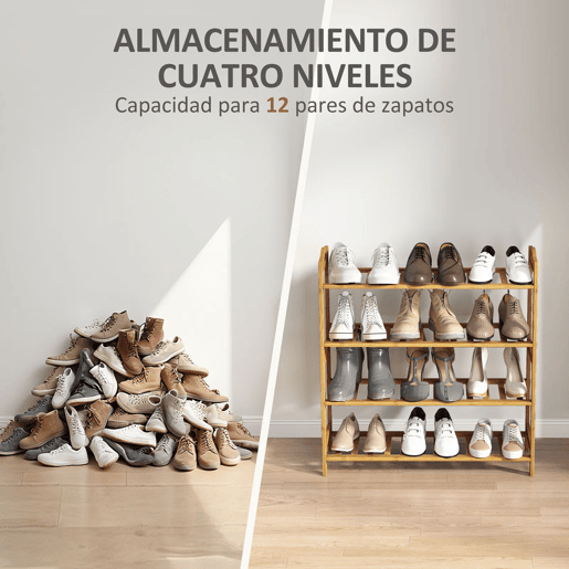 HOMCOM Sapateira de 4 Níveis Estante para Sapatos em Bambu para 12 Pares de Sapatos para Entrada Corredor Quarto 67,5x24,7x72 cm Madeira