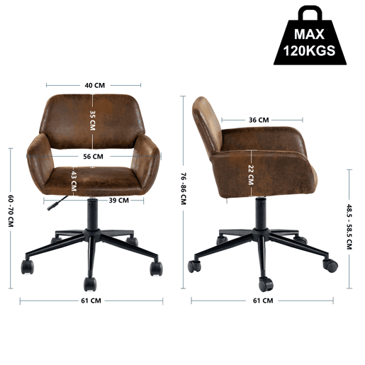 Banco giratório ROSS KD SUEDE CASTANHO PRETO D com rodas e altura ajustável