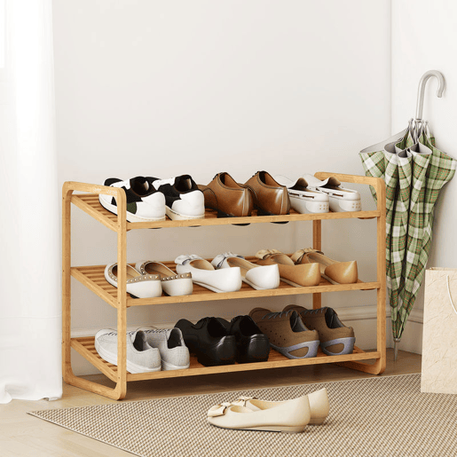 HOMCOM Sapateira de 3 Níveis Estante para Sapatos em Bambu para 12 Pares de Sapatos Estante para Entrada Corredor Quarto 76x33x50,8 cm Madeira