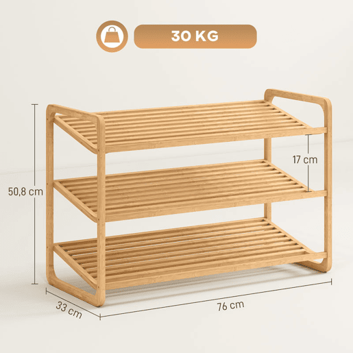 HOMCOM Sapateira de 3 Níveis Estante para Sapatos em Bambu para 12 Pares de Sapatos Estante para Entrada Corredor Quarto 76x33x50,8 cm Madeira