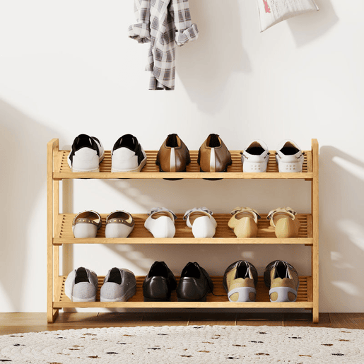HOMCOM Sapateira de 3 Níveis Estante para Sapatos em Bambu para 12 Pares de Sapatos Estante para Entrada Corredor Quarto 76x33x50,8 cm Madeira