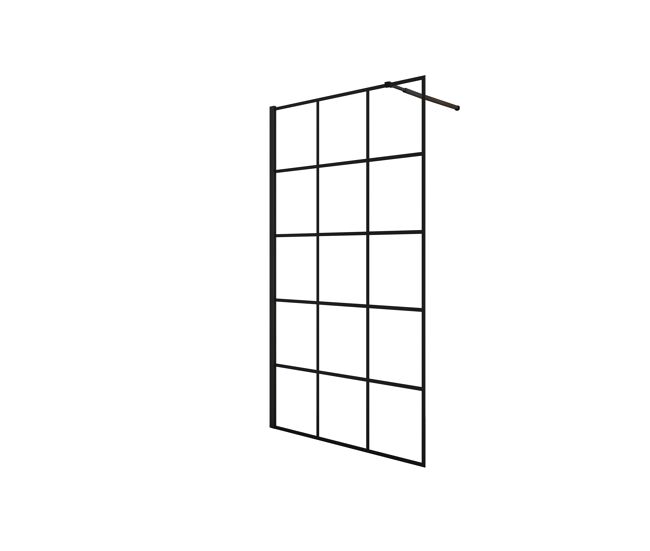 Mampara de ducha fija serigrafiada de celosía cuadrada vidrio antical 8mm con barra 73-120cm perfil negro mate (108-110)x200cm