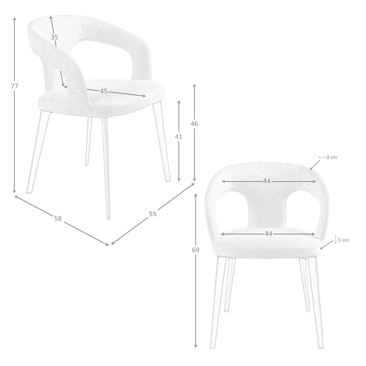 Cadeira em tecido esbranquiçado modelo 4173 Angel Cerdá S.L.Cadeira com braços de design moderno com assento e encosto estofados em tecido branco.