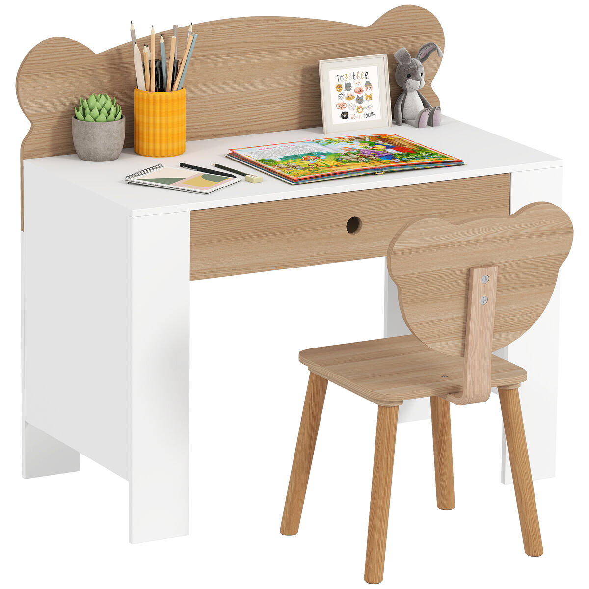 Aiyaplay escritorio infantil con silla en forma de osito pupitre infantil con cajón para estudiar leer y dibujar mesa para niños para dormitorio sala estudio natural
