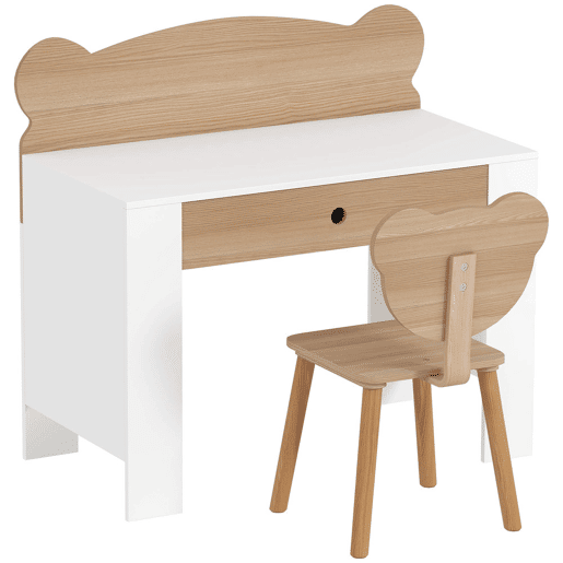 AIYAPLAY Secretária para Crianças com Cadeira em Forma de Ursinho Secretária Infantil com Gaveta para Estudar Ler e Desenhar Mesa para Crianças para Dormitório Branco e Madeira