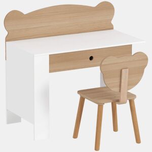AIYAPLAY Secretária para Crianças com Cadeira em Forma de Ursinho Secretária Infantil com Gaveta para Estudar Ler e Desenhar Mesa para Crianças para Dormitório Branco e Madeira