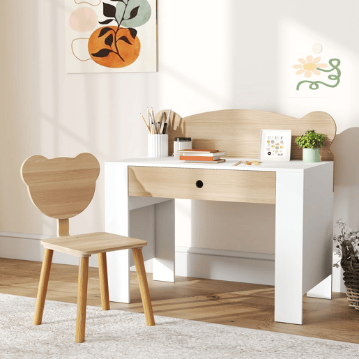 AIYAPLAY Secretária para Crianças com Cadeira em Forma de Ursinho Secretária Infantil com Gaveta para Estudar Ler e Desenhar Mesa para Crianças para Dormitório Branco e Madeira