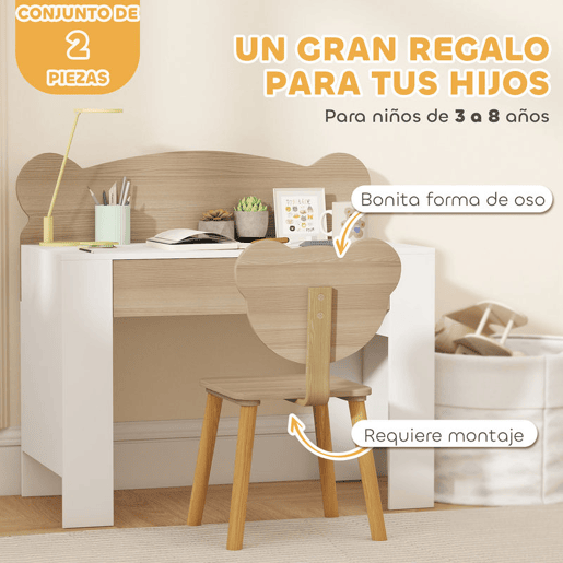 AIYAPLAY Secretária para Crianças com Cadeira em Forma de Ursinho Secretária Infantil com Gaveta para Estudar Ler e Desenhar Mesa para Crianças para Dormitório Branco e Madeira