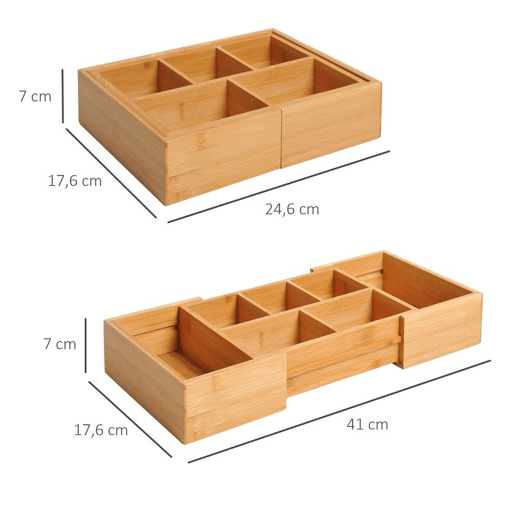 HOMCOM Organizador de Escritório de Bambu Caixa de Armazenamento Extensível com 5-7 Compartimentos para Maquilhagem Escritório Estúdio 24,6-41x17,6x7 cm Madeira