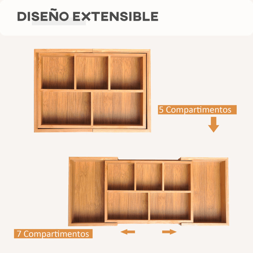 HOMCOM Organizador de Escritório de Bambu Caixa de Armazenamento Extensível com 5-7 Compartimentos para Maquilhagem Escritório Estúdio 24,6-41x17,6x7 cm Madeira