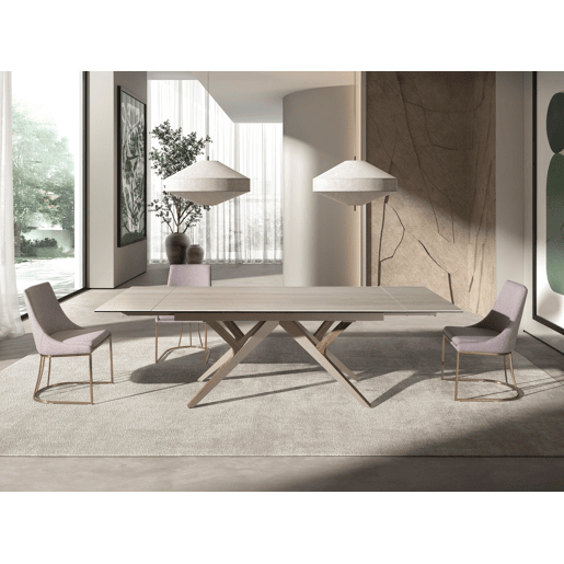 ANGEL CERDA Mesa de jantar retangular extensível em mármore porcelânico, aço areia metalizado e nogueira
