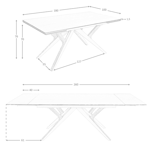 ANGEL CERDA Mesa de jantar retangular extensível em mármore porcelânico, aço areia metalizado e nogueira