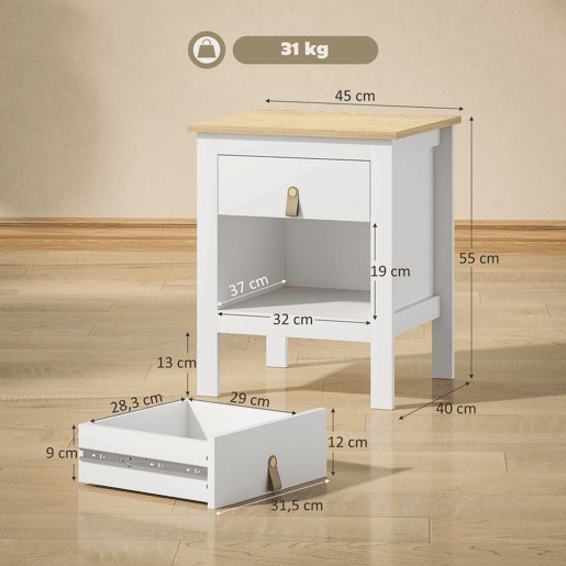 HOMCOM Mesa de Cabeceira Moderna Mesa de Cabeceira com 1 Gaveta Compartimento Aberto Puxador de PU Mesa Auxiliar para Sala ou Quarto 45x40x55 cm Branco