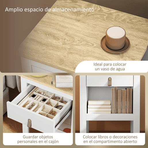 HOMCOM Mesa de Cabeceira Moderna Mesa de Cabeceira com 1 Gaveta Compartimento Aberto Puxador de PU Mesa Auxiliar para Sala ou Quarto 45x40x55 cm Branco