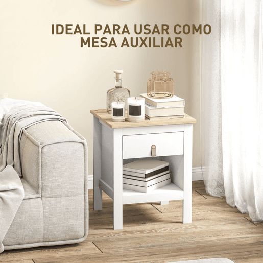 HOMCOM Mesa de Cabeceira Moderna Mesa de Cabeceira com 1 Gaveta Compartimento Aberto Puxador de PU Mesa Auxiliar para Sala ou Quarto 45x40x55 cm Branco