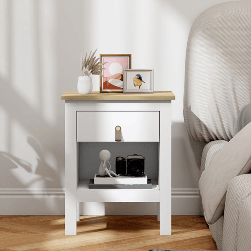 HOMCOM Mesa de Cabeceira Moderna Mesa de Cabeceira com 1 Gaveta Compartimento Aberto Puxador de PU Mesa Auxiliar para Sala ou Quarto 45x40x55 cm Branco