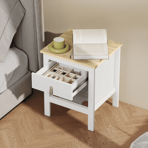 HOMCOM Mesa de Cabeceira Moderna Mesa de Cabeceira com 1 Gaveta Compartimento Aberto Puxador de PU Mesa Auxiliar para Sala ou Quarto 45x40x55 cm Branco