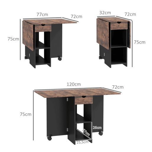 HOMCOM Mesa de Cozinha Dobrável Mesa de Sala de Jantar com Rodas Laterais Rebatíveis Gaveta e Prateleiras Mesa Dobrável para 2-4 Pessoas 120x72x75 cm Madeira e Branco