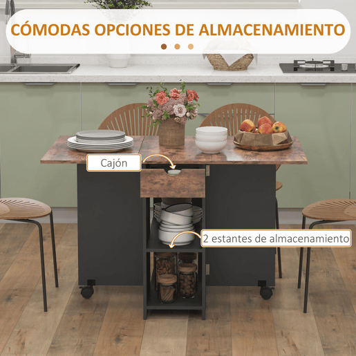HOMCOM Mesa de Cozinha Dobrável Mesa de Sala de Jantar com Rodas Laterais Rebatíveis Gaveta e Prateleiras Mesa Dobrável para 2-4 Pessoas 120x72x75 cm Madeira e Branco