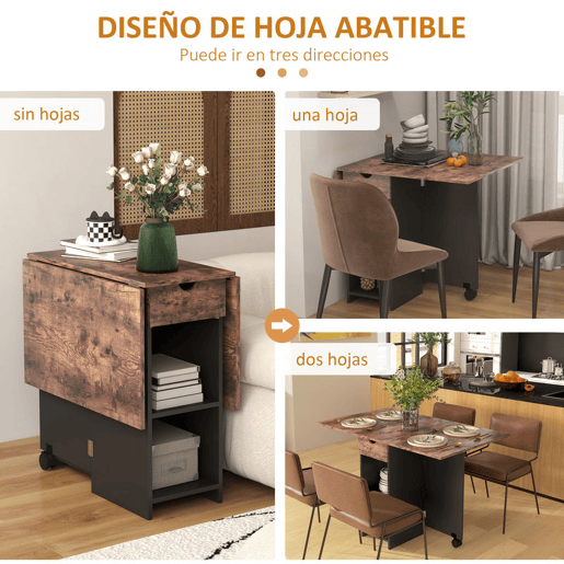 HOMCOM Mesa de Cozinha Dobrável Mesa de Sala de Jantar com Rodas Laterais Rebatíveis Gaveta e Prateleiras Mesa Dobrável para 2-4 Pessoas 120x72x75 cm Madeira e Branco