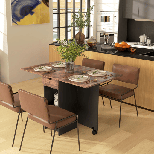 HOMCOM Mesa de Cozinha Dobrável Mesa de Sala de Jantar com Rodas Laterais Rebatíveis Gaveta e Prateleiras Mesa Dobrável para 2-4 Pessoas 120x72x75 cm Madeira e Branco