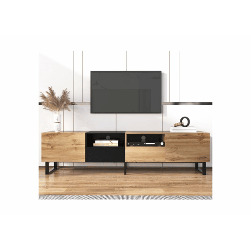 Móvel de TV moderno em design preto e madeira com amplo espaço de arrumação
