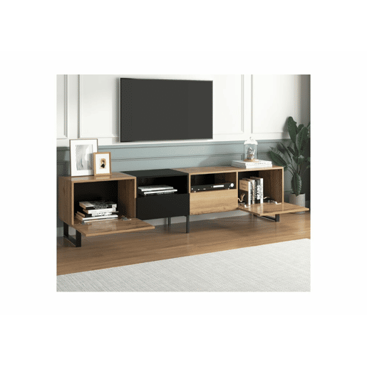 Móvel de TV moderno em design preto e madeira com amplo espaço de arrumação