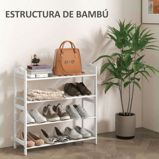 HOMCOM Sapateira de 4 Níveis Estante para Sapatos em Bambu para 12 Pares de Sapatos para Entrada Corredor Quarto 67,5x24,7x72 cm Branco