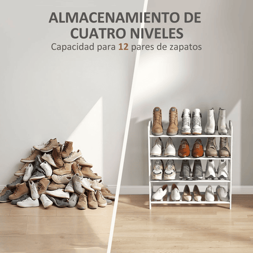 HOMCOM Sapateira de 4 Níveis Estante para Sapatos em Bambu para 12 Pares de Sapatos para Entrada Corredor Quarto 67,5x24,7x72 cm Branco