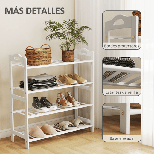 HOMCOM Sapateira de 4 Níveis Estante para Sapatos em Bambu para 12 Pares de Sapatos para Entrada Corredor Quarto 67,5x24,7x72 cm Branco