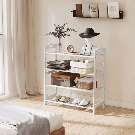 HOMCOM Sapateira de 4 Níveis Estante para Sapatos em Bambu para 12 Pares de Sapatos para Entrada Corredor Quarto 67,5x24,7x72 cm Branco