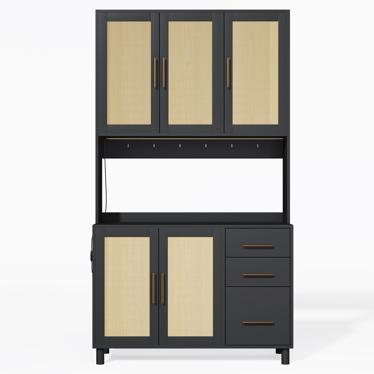 Vitrina alta efecto madera y ratán con enchufes integrados