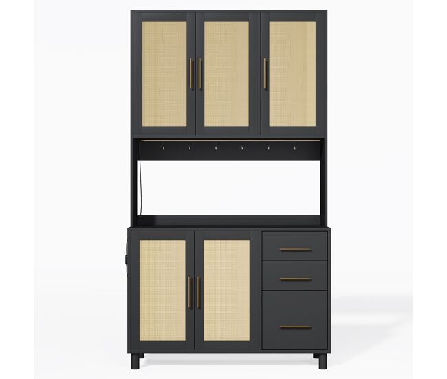Vitrina alta efecto madera y ratán, iluminación led, enchufes integrados bruqeids black