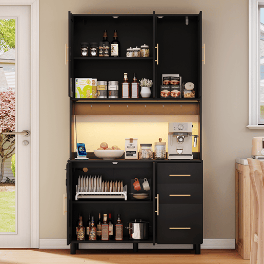 Vitrine alta com efeito madeira e rattan, iluminação LED, tomadas integradas BRUQEIDS BLACK