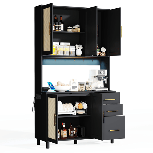 Vitrine alta com efeito madeira e rattan, iluminação LED, tomadas integradas BRUQEIDS BLACK