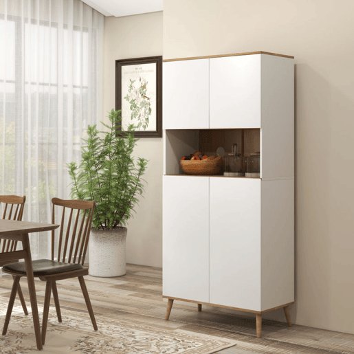 HOMCOM Armário de Cozinha Móvel Auxiliar de Cozinha com 4 Portas Bancada para Micro-Ondas Prateleiras Ajustáveis Orifício para Cabos e Pés de Madeira Estilo Moderno 80x40x178 cm Branco