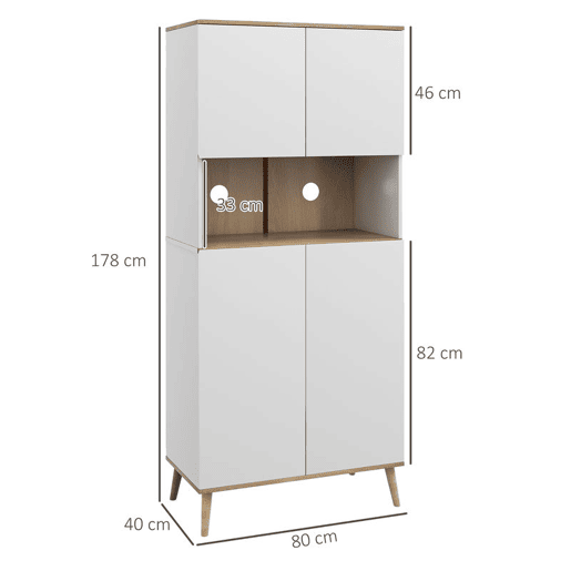 HOMCOM Armário de Cozinha Móvel Auxiliar de Cozinha com 4 Portas Bancada para Micro-Ondas Prateleiras Ajustáveis Orifício para Cabos e Pés de Madeira Estilo Moderno 80x40x178 cm Branco
