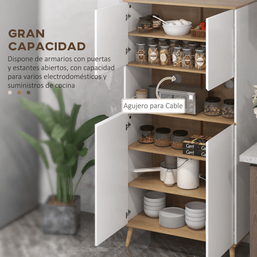 HOMCOM Armário de Cozinha Móvel Auxiliar de Cozinha com 4 Portas Bancada para Micro-Ondas Prateleiras Ajustáveis Orifício para Cabos e Pés de Madeira Estilo Moderno 80x40x178 cm Branco
