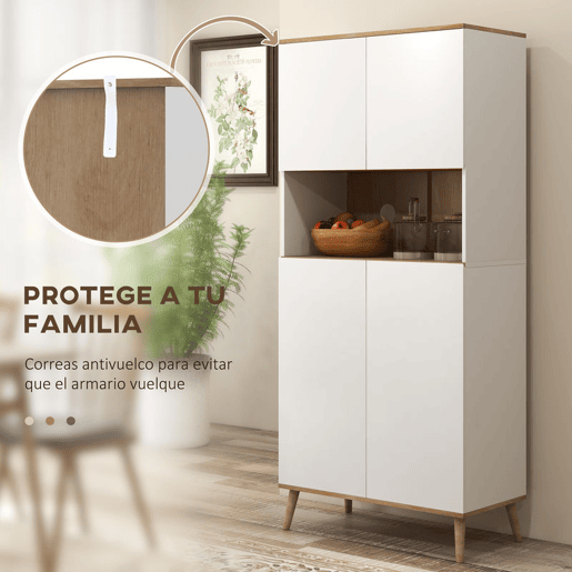 HOMCOM Armário de Cozinha Móvel Auxiliar de Cozinha com 4 Portas Bancada para Micro-Ondas Prateleiras Ajustáveis Orifício para Cabos e Pés de Madeira Estilo Moderno 80x40x178 cm Branco