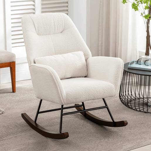 Cadeira Basculante em Laine d'agneau Cadeira Basculante em Laine Moderna, Cadeira Basculante Confortável com Pés em Madeira Massiva Beige