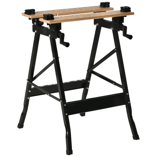 HOMCOM Bancada de Trabalho Dobrável Portátil com Placas Ajustáveis em Ângulo e Distância Bambú e Aço Carga Máx. 150kg 63,5x60x5x78cm Madeira Natural e Preto