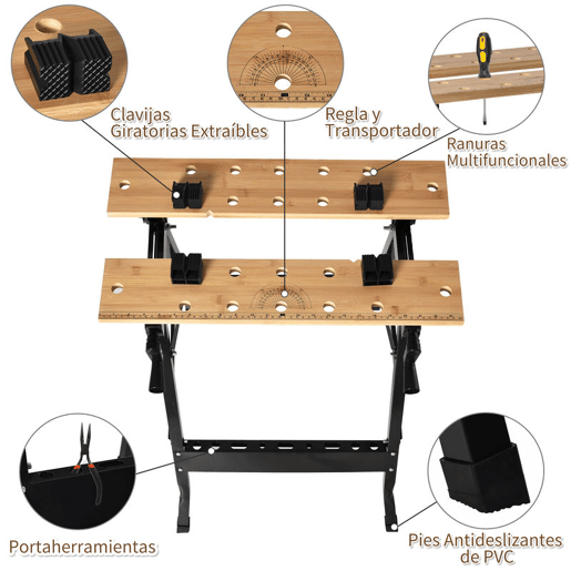 HOMCOM Bancada de Trabalho Dobrável Portátil com Placas Ajustáveis em Ângulo e Distância Bambú e Aço Carga Máx. 150kg 63,5x60x5x78cm Madeira Natural e Preto