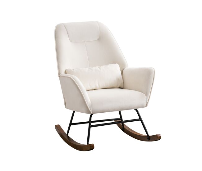 Mecedora tapizada en terciopelo con soporte lumbar, ideal para sala de estar y guardería, color beige