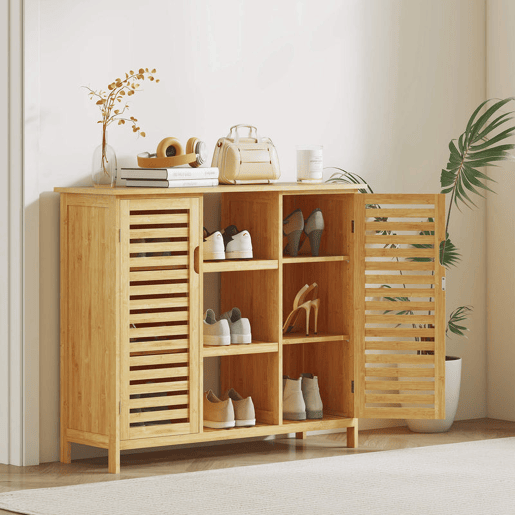 HOMCOM Sapateira com 2 Portas de Bambu em Ripas Sapateira para Entrada com Prateleiras e Compartimentos Abertos para 9 Pares de Sapatos 100x33x86 cm Madeira