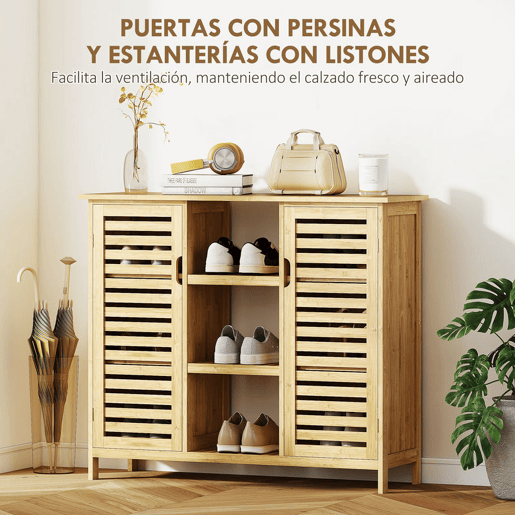 HOMCOM Sapateira com 2 Portas de Bambu em Ripas Sapateira para Entrada com Prateleiras e Compartimentos Abertos para 9 Pares de Sapatos 100x33x86 cm Madeira